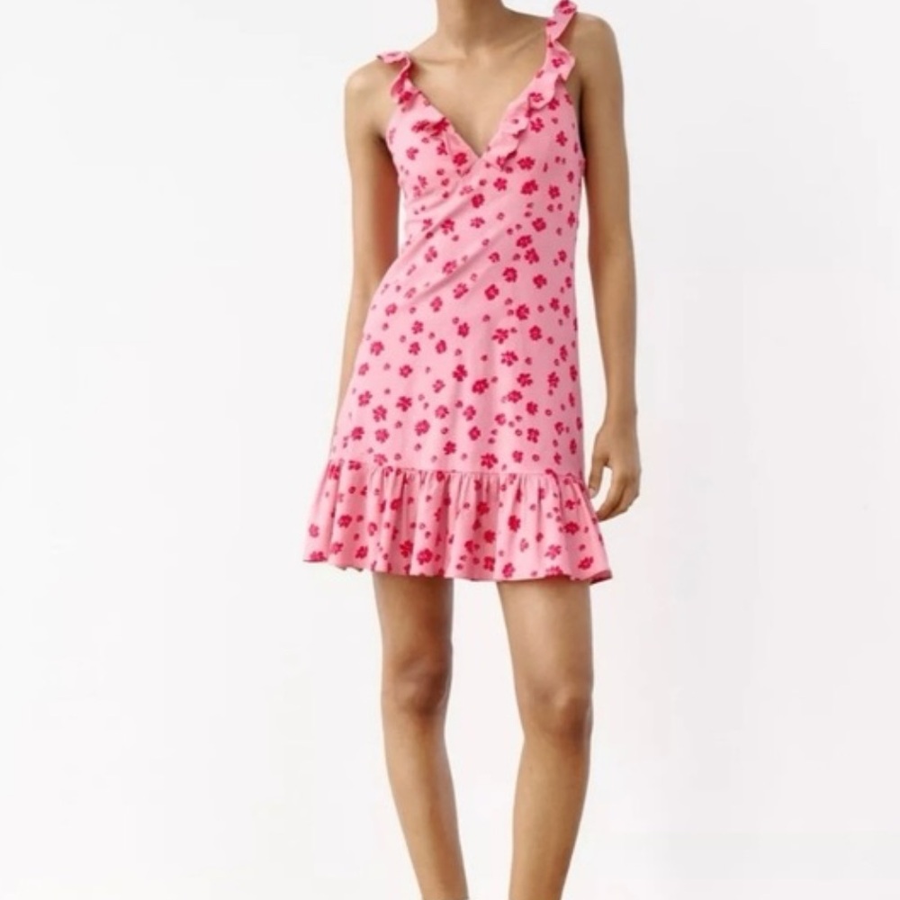 Zara Floral Ruffle Mini Linen V-Neck Mini Dress Pink